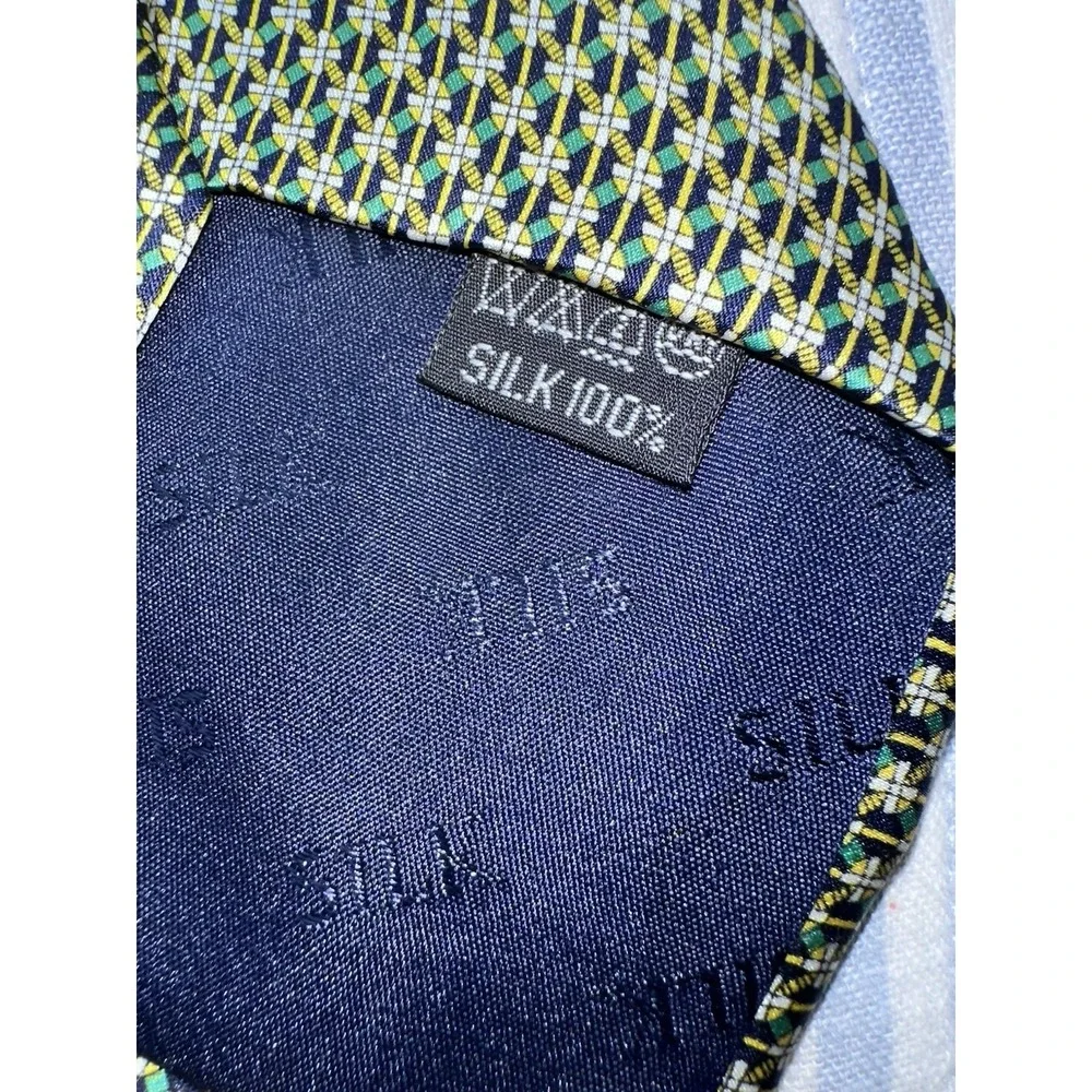 UMO‎ Lorenzo Italy 100% Silk Tie Geometric Navy Green Yellow Men's Tie